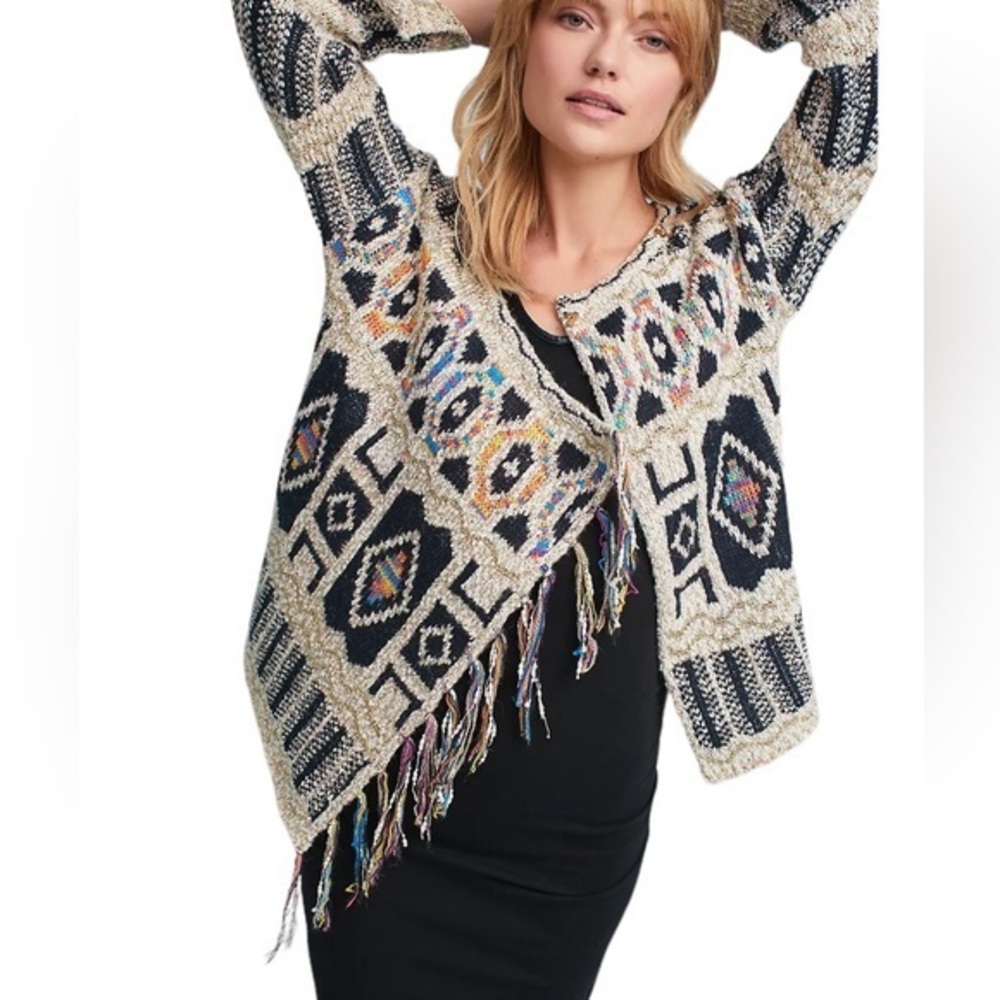 ANTHRO MOTH SPECTRA FRINGE AZTEC PATTERN SNAP CARDY MULTI COLORED SWEATER XS